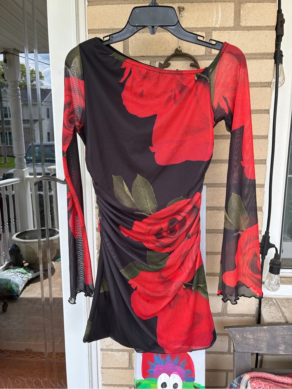 Boohoo Black Long-Sleeve Mesh Dress with Red Rose Print